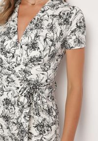 Born2be - Biało-Czarny Kombinezon w Kwiaty z Krótkim Rękawem i Dekoltem w Serek z Długimi Nogawkami Nestaanne. Okazja: na co dzień. Kolor: biały. Materiał: jeans. Długość rękawa: krótki rękaw. Długość: krótkie. Wzór: kwiaty. Styl: wizytowy, casual, elegancki #6