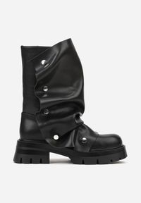 Renee - Czarne Marszczone Botki ze Zdobieniem na Napy Tusaera. Kolor: czarny. Materiał: satyna, jeans, koronka. Szerokość cholewki: normalna. Wzór: aplikacja #6