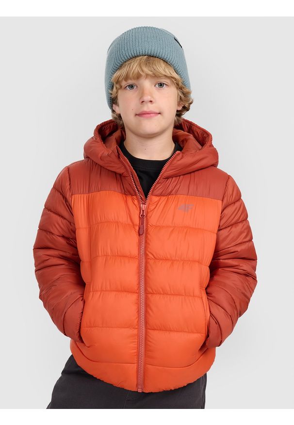 4f - 4F Kurtka puchowa z wypełnieniem syntetycznym chłopięca - brązowa 128 (7-8 lat). Okazja: na co dzień. Kolor: brązowy. Materiał: syntetyk, puch. Sezon: lato. Styl: klasyczny, casual