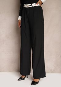 Renee - Czarne Spodnie o Szerokim Kroju High Waist Wykończone Lamówką Verillia. Okazja: na co dzień, na spacer. Stan: podwyższony. Kolor: czarny. Styl: elegancki, casual #4
