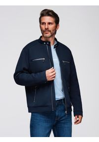 Ombre Clothing - Męska kurtka typu biker ze stójką i kieszeniami – granatowa V1 - Rozmiar: L. Okazja: na co dzień. Typ kołnierza: kołnierzyk stójkowy. Kolor: niebieski. Materiał: syntetyk, tkanina, poliester, materiał. Wzór: ze splotem. Styl: casual