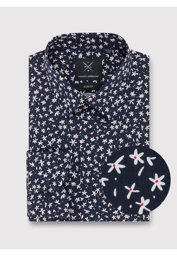 Pako Lorente - PAKO LORENTE – Granatowa koszula męska w kwiatki P23WF-1X-005-G-S. Okazja: na co dzień. Kolor: niebieski. Materiał: elastan, bawełna, jeans. Wzór: kwiaty. Styl: casual
