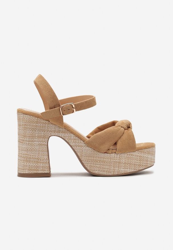 Renee - Brązowe Sandały w Stylu Boho na Słupku z Plecionką Wykończone Ozdobnym Supłem Franini. Nosek buta: okrągły. Kolor: brązowy. Materiał: jeans. Sezon: lato. Obcas: na słupku. Styl: boho. Wysokość obcasa: średni