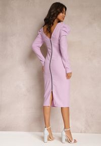 Renee - Fioletowa Liliowa Sukienka Taliowana z Bufiastym Rękawem Adarei. Kolor: fioletowy. Styl: elegancki. Długość: midi #3