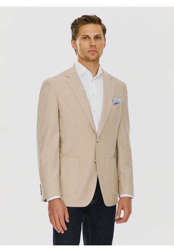 Pako Lorente - PAKO LORENTE – Beżowa marynarka męska bez podszewki. Okazja: na co dzień. Kolor: beżowy. Materiał: jeans. Wzór: gładki. Sezon: wiosna. Styl: casual