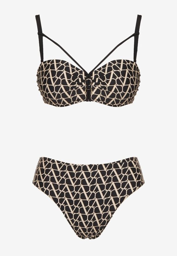 Born2be - Beżowe Bikini Biustonosz z Ozdobnymi Paskami i Majtki Figi Linadora. Kolor: beżowy. Wzór: haft