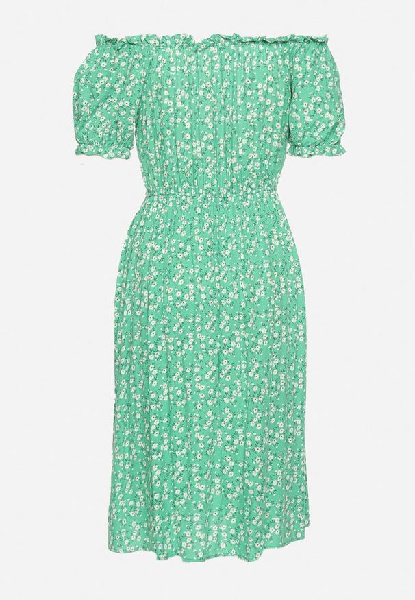 Born2be - Zielona Sukienka Midi z Wiskozy Hiszpanka w Kwiatowy Print Oserafia. Typ kołnierza: dekolt hiszpanka. Kolor: zielony. Materiał: wiskoza. Wzór: nadruk, kwiaty. Styl: boho. Długość: midi