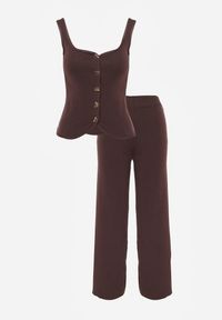 Renee - Brązowy Komplet z Dzianiny z Wiskozą Spodnie Wide Leg i Top z Guzikami Merice. Kolor: brązowy. Materiał: dzianina, wiskoza #7