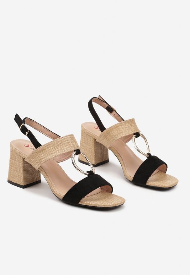 Renee - Czarne Sandały na Słupku z Tweedowymi Wstawkami i Kółeczkiem Gekkaria. Kolor: czarny. Materiał: jeans. Wzór: haft. Obcas: na słupku. Styl: elegancki