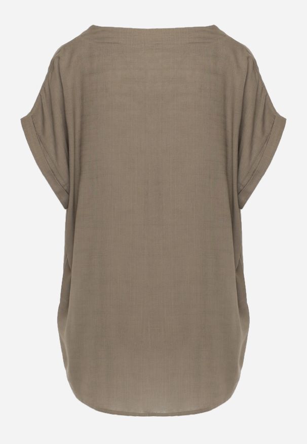 Renee - Ciemnobeżowa Bluzka z Lnem i Wiskozą o Nietoperzowym Kroju z Krótkim Rękawem Herira. Okazja: na co dzień. Typ kołnierza: dekolt w serek. Kolor: beżowy. Długość: krótkie. Wzór: aplikacja. Materiał: wiskoza, len. Długość rękawa: krótki rękaw. Sezon: lato. Styl: elegancki, casual