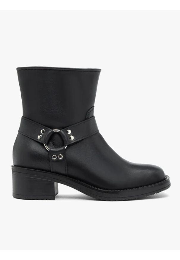 Ryłko - Czarne botki biker boots ze skóry licowej. Zapięcie: zamek. Kolor: czarny. Materiał: skóra. Szerokość cholewki: normalna. Obcas: na obcasie. Styl: street. Wysokość obcasa: średni