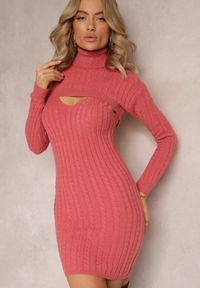 Renee - Różowy 2-częściowy Komplet Dzianinowy Sukienka i Sweter Crop Top Rewerta. Kolor: różowy. Materiał: dzianina #1