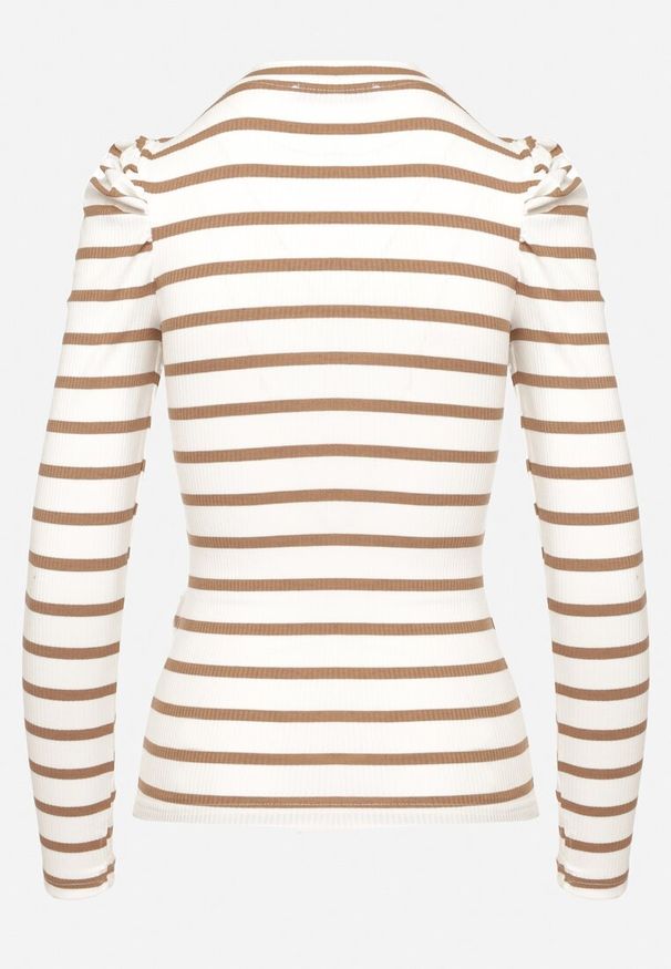 Born2be - Biało-Brązowa Prążkowana Bluzka z Bawełny w Paski z Bufiastymi Rękawami Senarion. Okazja: na co dzień, na spotkanie biznesowe. Kolor: biały. Materiał: prążkowany, bawełna. Długość rękawa: długi rękaw. Długość: długie. Wzór: paski. Styl: casual, biznesowy, elegancki