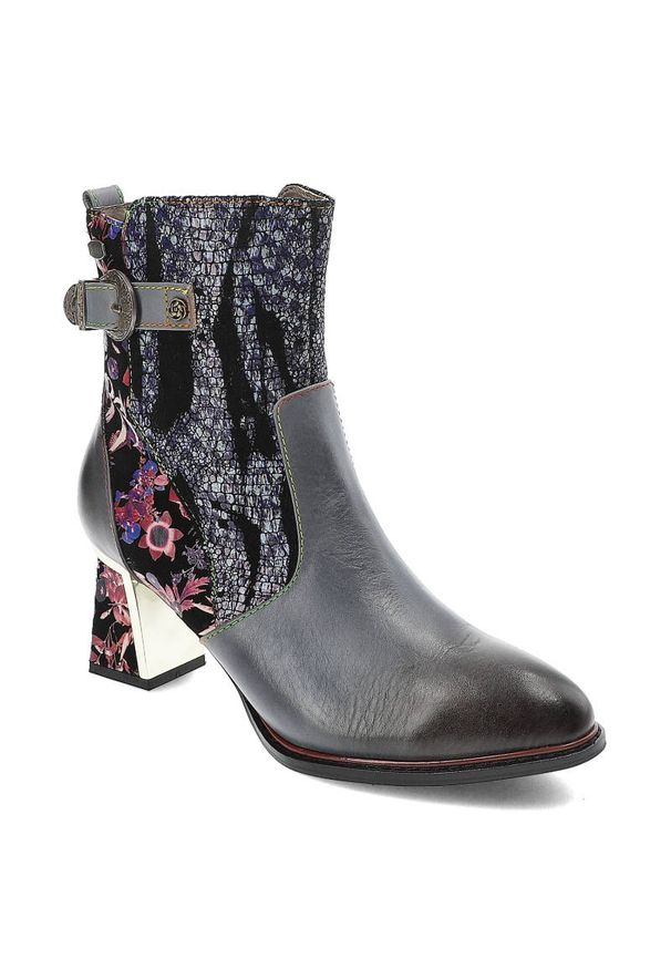 Niebieskie Botki Laura Vita Gustowne Buty Na Obcasie. Zapięcie: sprzączka. Kolor: niebieski. Materiał: skóra. Wzór: kwiaty, aplikacja. Obcas: na obcasie. Styl: elegancki. Wysokość obcasa: średni