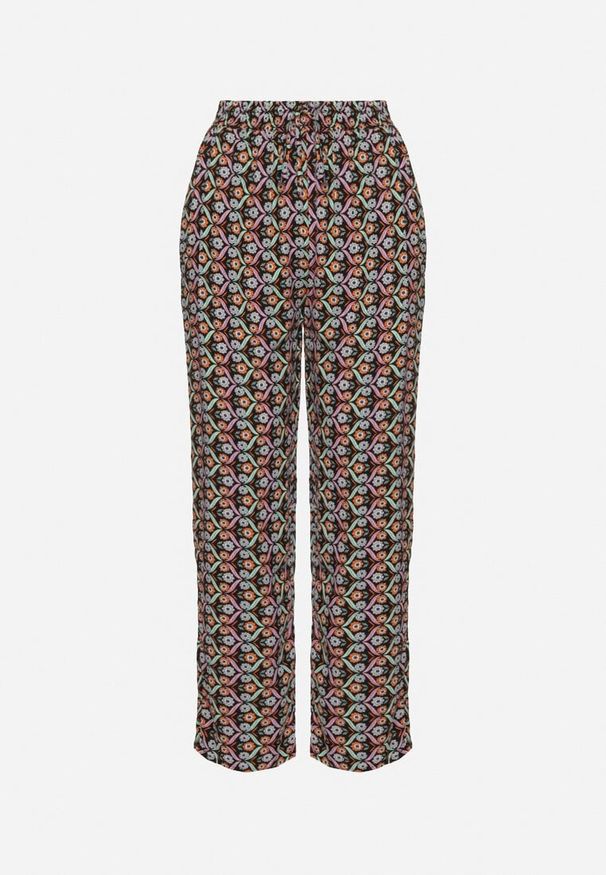 Born2be - Czarne Bawełniane Spodnie z Wiązaniem i Gumką w Talii w Geometryczny Wzór Ivelriz. Okazja: do pracy, na co dzień, na spotkanie biznesowe. Kolor: czarny. Materiał: bawełna. Wzór: geometria. Sezon: wiosna, lato. Styl: casual, klasyczny, biznesowy