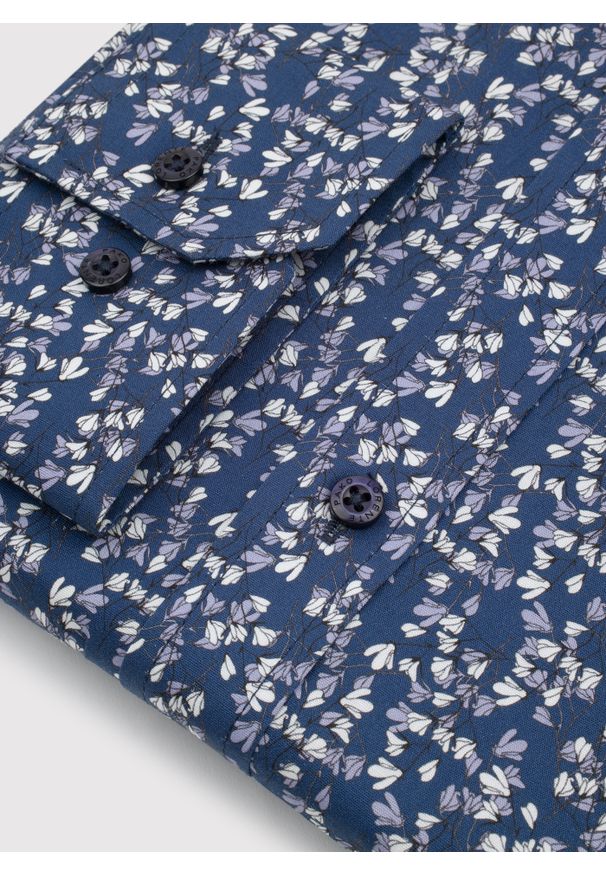 Pako Lorente - PAKO LORENTE - Granatowa koszula męska w kwiaty. Okazja: na co dzień. Kolor: niebieski. Materiał: elastan, bawełna. Długość rękawa: długi rękaw. Długość: długie. Wzór: kwiaty. Styl: casual