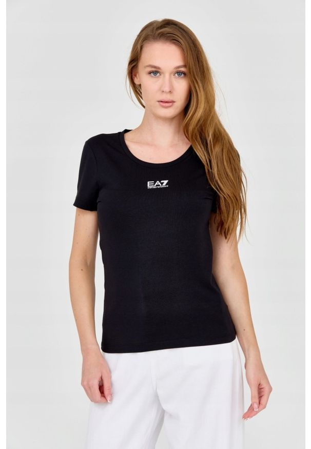 EA7 Emporio Armani - EA7 Damski t-shirt czarny z logo na środku, Rozmiar XS. Kolor: czarny. Materiał: bawełna