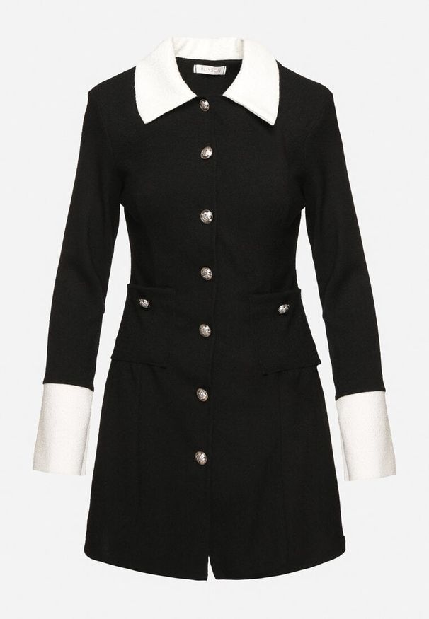 Born2be - Czarna Sukienka z Usztywnioną Linią Ramion z Guzikami Sewiana. Kolor: czarny. Materiał: skóra