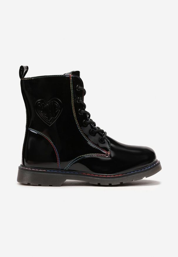 Born2be - Czarne Lakierowane Botki z Podwójnym Wiązaniem Awelith. Okazja: na co dzień. Kolor: czarny. Materiał: lakier. Styl: casual