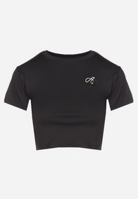 Born2be - Czarny T-shirt Crop Top Ozdobiony Literką Koliviela. Okazja: na co dzień. Kolor: czarny. Materiał: jeans. Długość: krótkie. Wzór: aplikacja. Styl: casual, elegancki #4