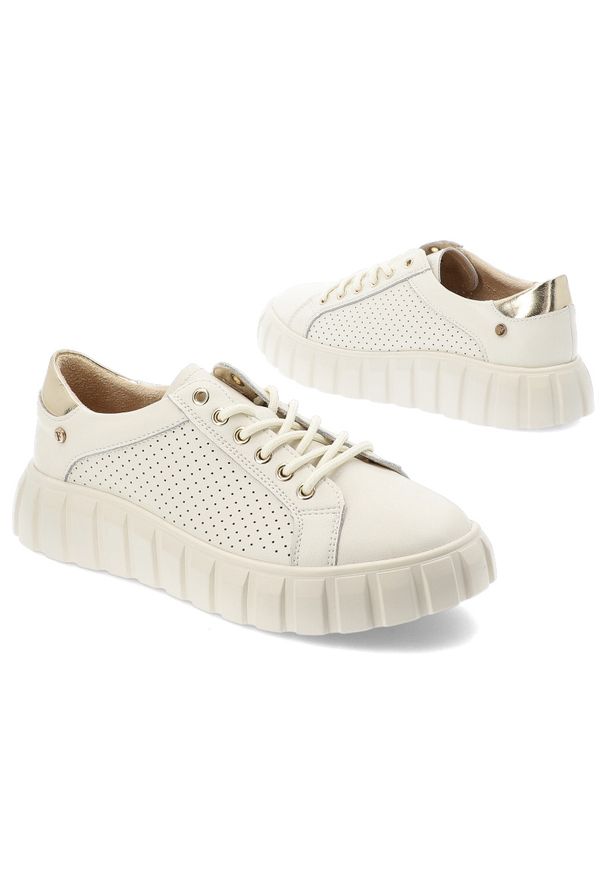 Beżowe Sneakersy Filippo Modne Obuwie Damskie. Okazja: na co dzień. Zapięcie: sznurówki. Kolor: beżowy. Materiał: skóra. Styl: klasyczny, sportowy, casual
