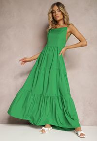 Renee - Zielona Sukienka o Rozkloszowanym Fasonie Wiązana i Wykończona Gumką z Tyłu Hililena. Okazja: na co dzień. Kolor: zielony. Styl: elegancki, casual