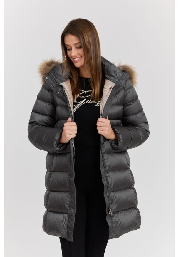 Hetrego - HETREGO Szara damska kurtka puchowa Leonie Quilted Woman Jacket With Detached Hood. Okazja: na co dzień. Kolor: szary. Materiał: puch. Długość rękawa: długi rękaw. Długość: długie. Styl: casual