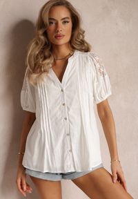 Renee - Biała Bawełniana Koszula z Bufiastym Rękawem Shafira. Kolor: biały. Materiał: bawełna. Długość: krótkie #4