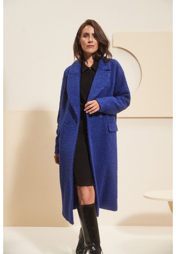 MOODO - Długi płaszcz ciemnoniebieska. Kolor: niebieski. Materiał: poliester. Długość: długie