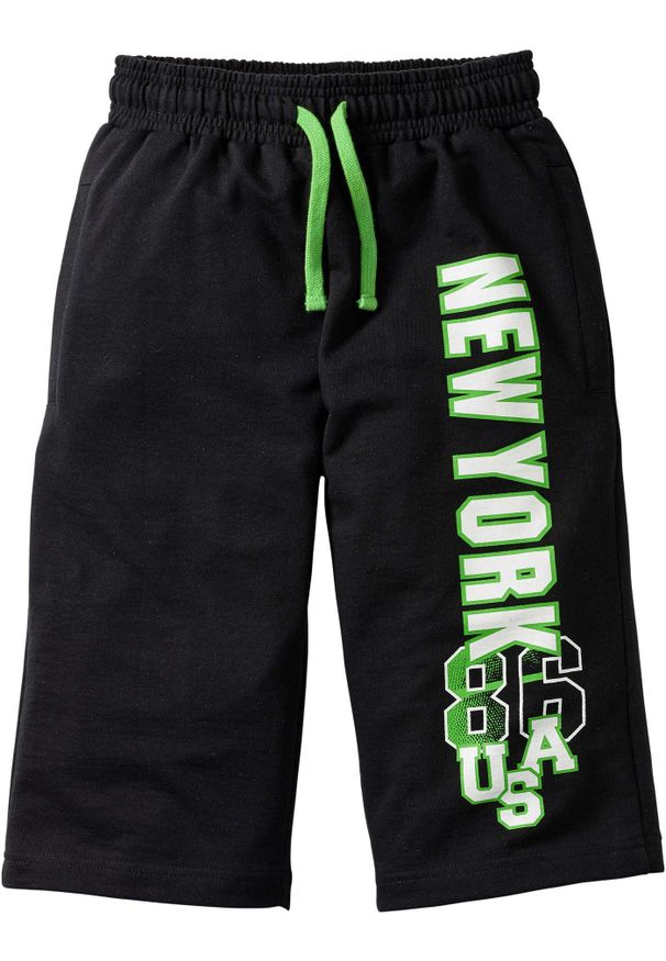 bonprix - Bermudy dresowe z czystej bawełny. Kolor: czarny. Materiał: bawełna, dresówka. Wzór: nadruk
