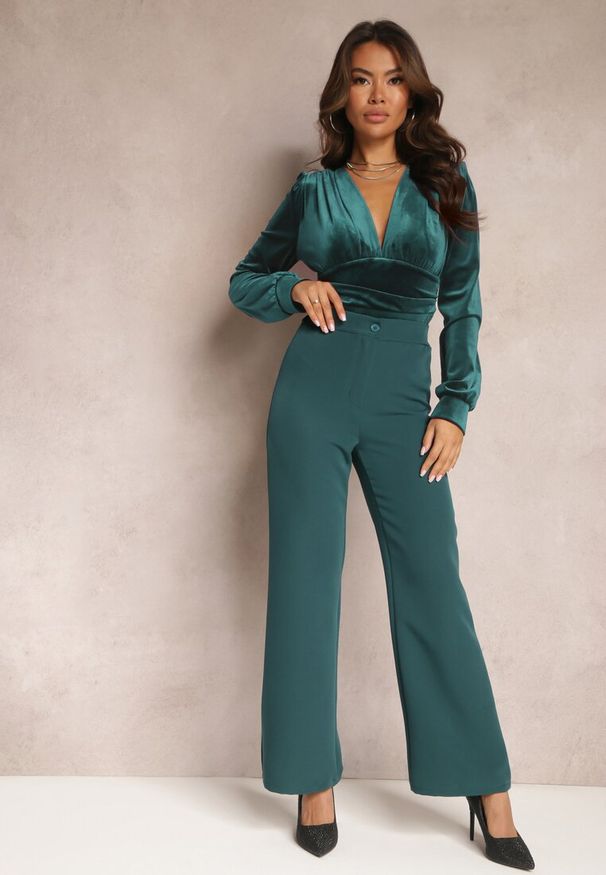 Renee - Ciemnozielone Szerokie Spodnie Materiałowe High Waist Dinnes. Stan: podwyższony. Kolor: zielony. Materiał: materiał. Wzór: gładki