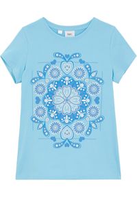 bonprix - T-shirt z czystej bawełny organicznej. Okazja: na co dzień. Kolor: niebieski. Materiał: bawełna. Długość rękawa: krótki rękaw. Długość: krótkie. Wzór: nadruk. Styl: casual #1
