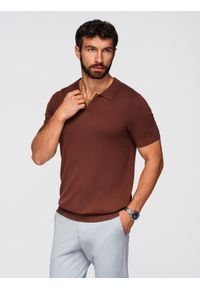 Ombre Clothing - Koszulka męska polo bez guzików z klasycznym splotem – ciepłobrązowa V4 - Rozmiar: L. Typ kołnierza: polo. Kolor: brązowy. Materiał: wiskoza, dzianina, materiał, elastan, nylon. Wzór: ze splotem. Styl: klasyczny #5