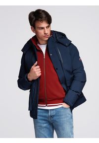 Ombre Clothing - Zimowa kurtka męska z odpinanym kapturem z wodoodpornego materiału - granatowa V1 - Rozmiar: M. Okazja: na co dzień. Kolor: niebieski. Materiał: materiał. Sezon: zima. Styl: casual, sportowy