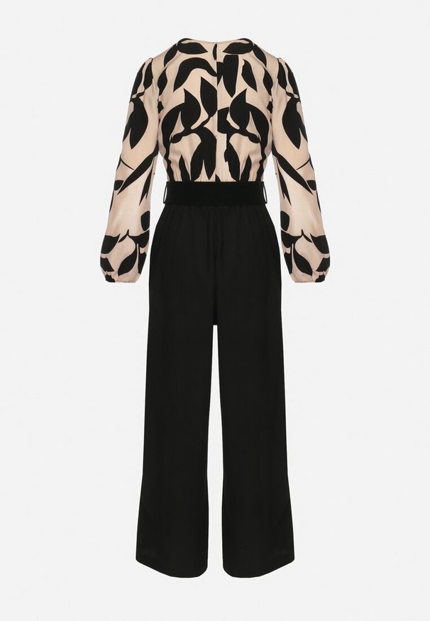 Born2be - Czarno-Różowy Elegancki Kombinezon ze Wzorzystą Górą Szerokimi Nogawkami i Paskiem Grepia. Okazja: na co dzień. Kolor: czarny. Styl: elegancki