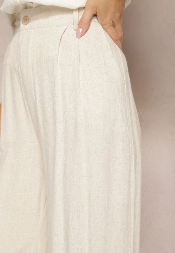 Renee - Beżowe Szerokie Spodnie High Waist z Lnu i Wiskozy Apoises. Okazja: na co dzień. Stan: podwyższony. Kolor: beżowy. Materiał: len, wiskoza. Długość: długie. Sezon: lato. Styl: casual, elegancki