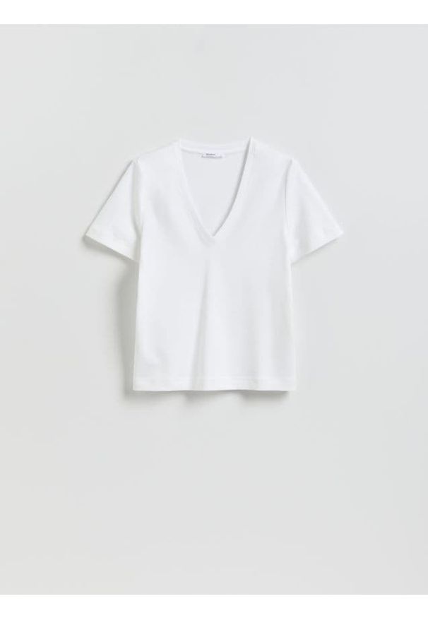 Reserved - Bawełniany t-shirt - biały. Kolor: biały. Materiał: bawełna. Wzór: gładki