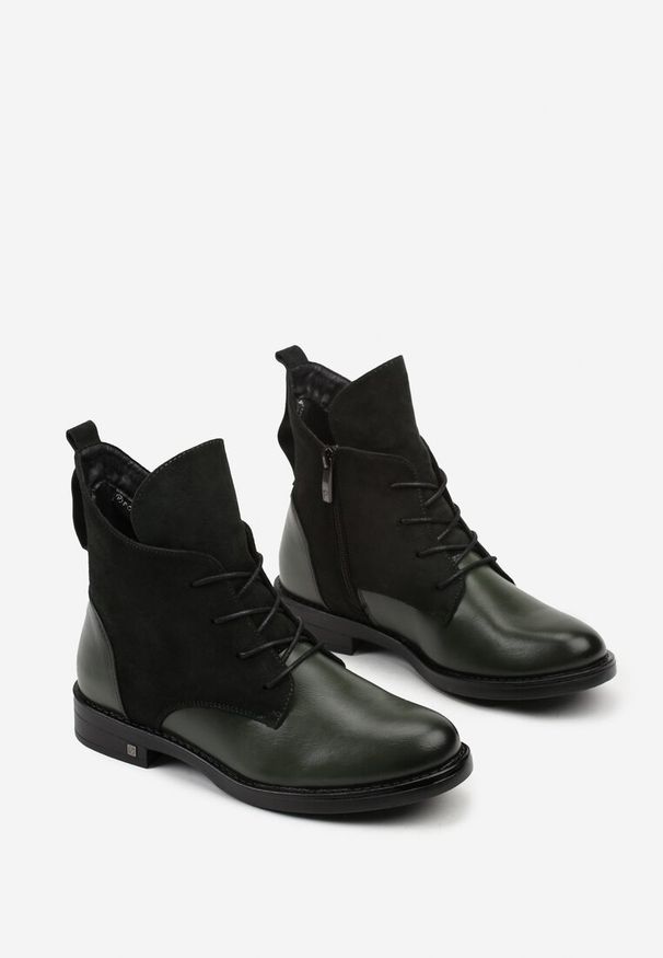 Born2be - Zielone Botki Potocki Typu Trzewiki z Geometrycznym Motywem Zerfa. Okazja: na co dzień. Kolor: zielony. Materiał: jeans. Wzór: geometria. Styl: casual, klasyczny