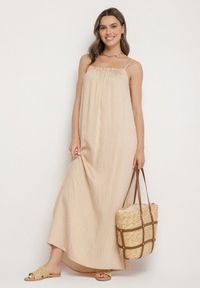 Born2be - Beżowa Rozkloszowana Sukienka z Elastyczną Górą Revielle. Okazja: na co dzień. Kolor: beżowy. Długość rękawa: na ramiączkach. Typ sukienki: rozkloszowane. Styl: casual, klasyczny #2