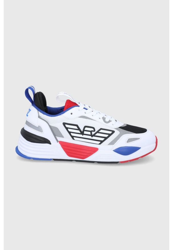 EA7 Emporio Armani Buty kolor biały na płaskiej podeszwie. Nosek buta: okrągły. Zapięcie: sznurówki. Kolor: biały. Materiał: guma. Obcas: na płaskiej podeszwie