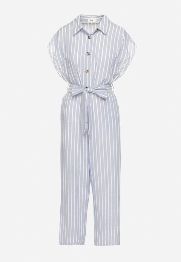 Born2be - Niebieski Bawełniany Kombinezon o Koszulowym Kroju z Wiązanym Paskiem Amerlia. Okazja: na co dzień. Kolor: niebieski. Materiał: bawełna. Styl: klasyczny, casual