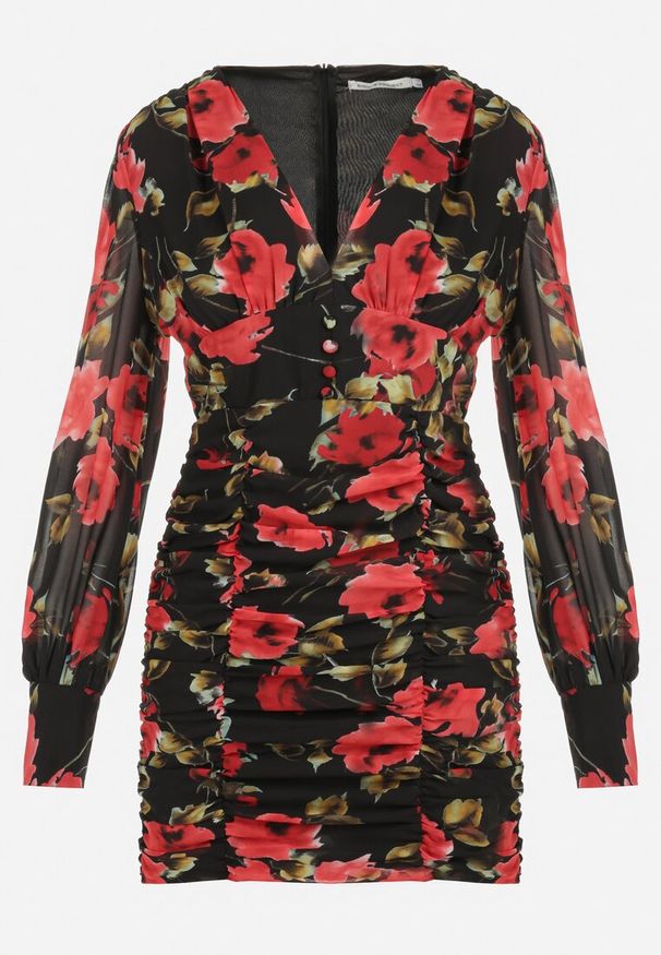 Born2be - Czarna Sukienka Dopasowana z Marszczeniem Kassissa. Kolor: czarny. Materiał: tkanina. Wzór: aplikacja, kwiaty. Styl: boho. Długość: mini