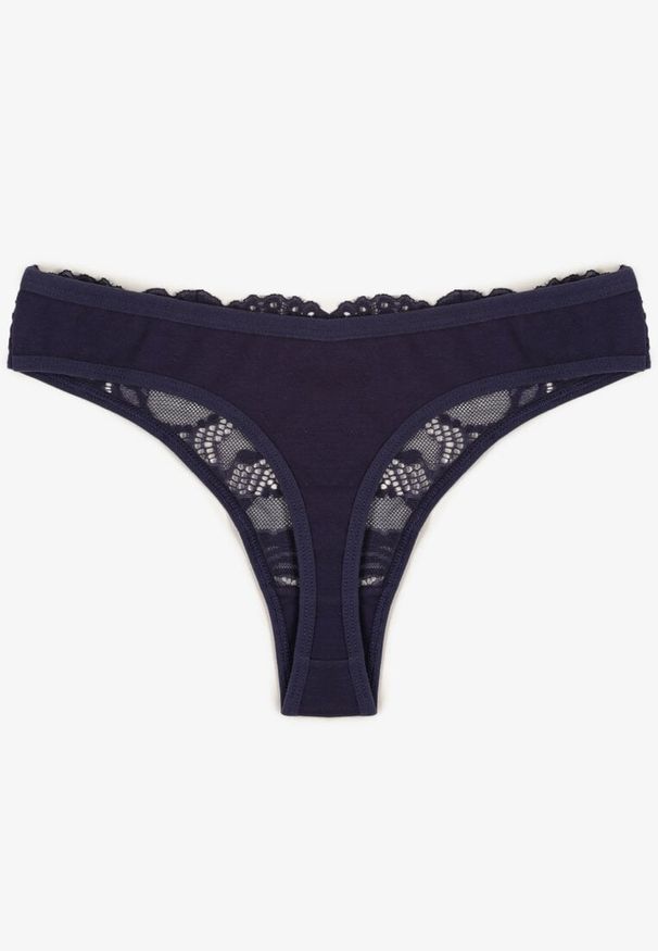 Born2be - Granatowe Koronkowe Majtki Stringi z Bawełny Venalora. Kolor: niebieski. Materiał: bawełna, koronka