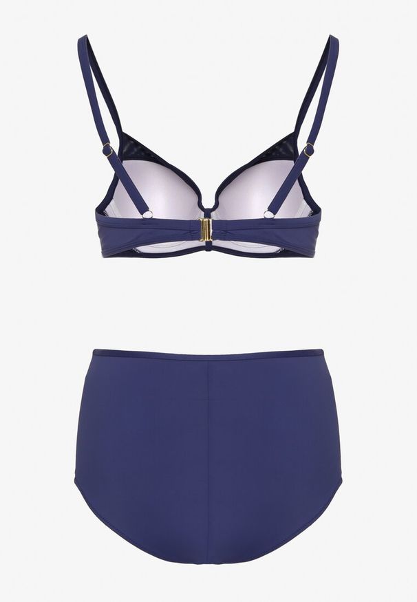 Born2be - Granatowe Bikini Biustonosz z Metaliczną Aplikacją i Majtki Figi Iffonavia. Kolor: niebieski. Materiał: len. Wzór: aplikacja