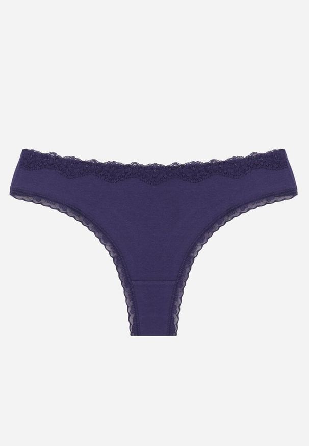 Born2be - Granatowe Majtki z Bawełną Typu Stringi Ozdobione Koronką Cirilise. Kolor: niebieski. Materiał: bawełna, koronka. Wzór: aplikacja, koronka