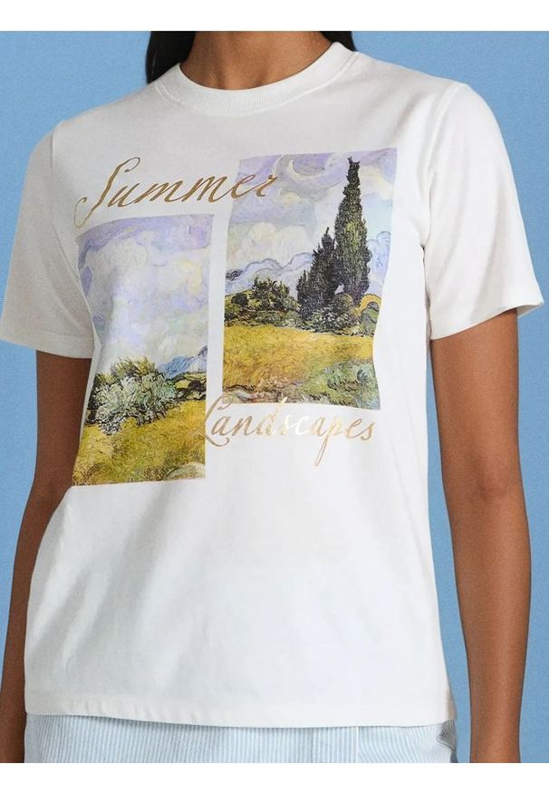 Sinsay - Koszulka z nadrukiem - kremowy. Kolor: kremowy. Wzór: nadruk