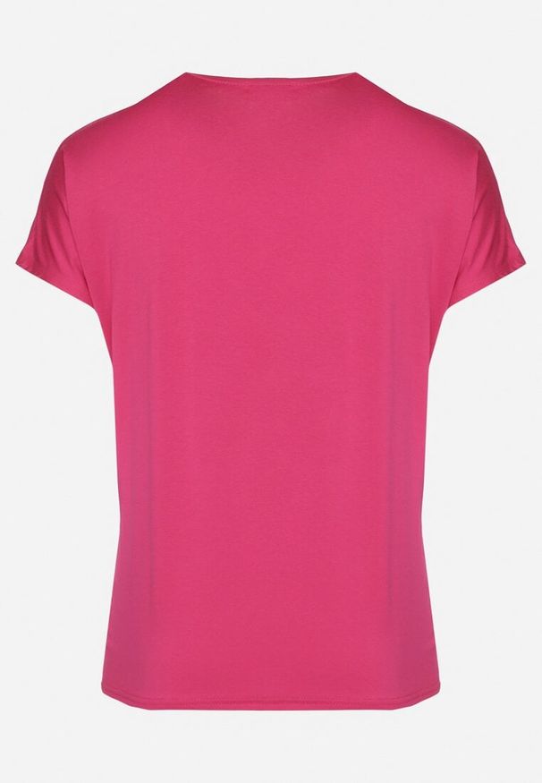 Born2be - Ciemnoróżowy Bawełniany T-shirt z Ozdobnym Napisem i Cyrkoniami Krisiona. Okazja: na co dzień, na spotkanie biznesowe, do pracy. Kolor: różowy. Materiał: bawełna. Wzór: napisy. Styl: klasyczny, biznesowy, casual