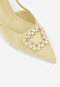 Born2be - Żółte Sandały na Szpilce z Cyrkoniową Klamrą Elinvyra. Okazja: na co dzień. Zapięcie: klamry. Kolor: żółty. Materiał: jeans, satyna. Wzór: kwiaty, aplikacja. Obcas: na szpilce. Styl: wizytowy, casual #9