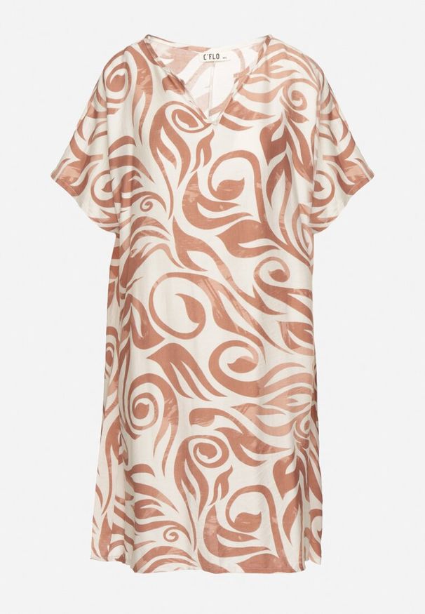 Born2be - Brązowa Pudełkowa Sukienka w Ornamentalny Wzór z Wiskozy Tosela. Okazja: na co dzień. Typ kołnierza: dekolt w serek. Kolor: brązowy. Materiał: wiskoza. Długość rękawa: krótki rękaw. Typ sukienki: sportowe, w kształcie A, proste. Styl: sportowy, klasyczny, casual, elegancki