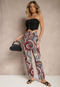 Renee - Czerwone Szerokie Spodnie z Bawełny High Waist w Abstrakcyjny Wzór Jorivaess. Okazja: na co dzień, na spotkanie biznesowe. Stan: podwyższony. Kolor: czerwony. Materiał: bawełna. Styl: biznesowy, klasyczny, elegancki, casual